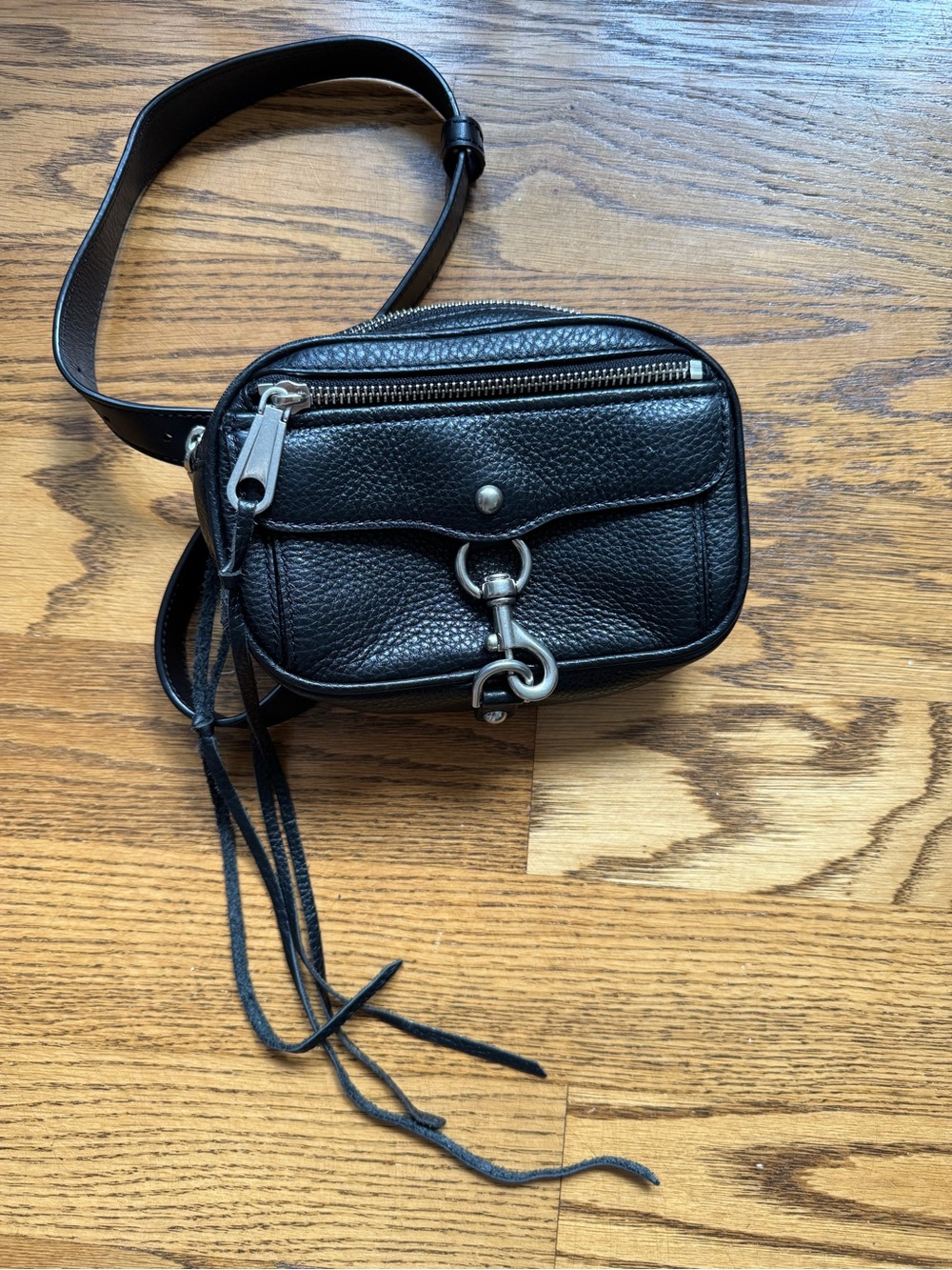 Rebecca Minkoff Black Pebbled Leather Blythe Belt Bag with long tassels